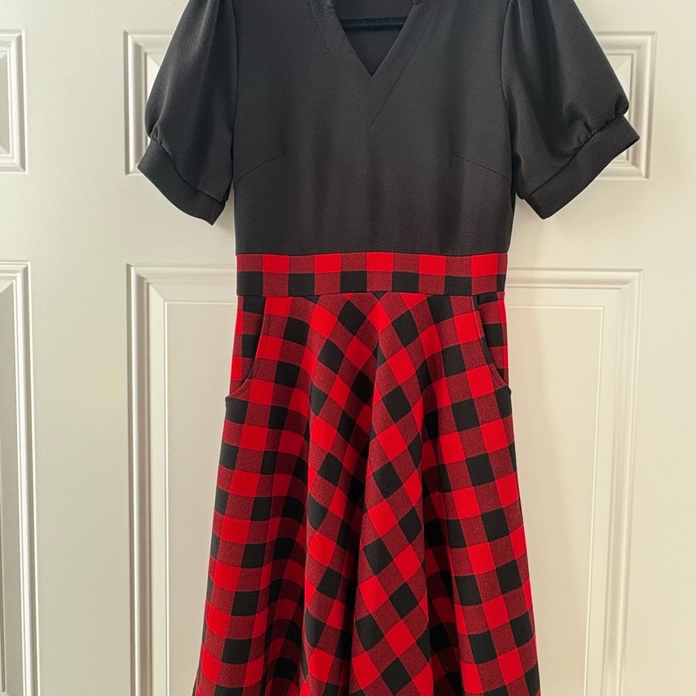 Stylish Dress with Black Top and Red Checkered Skirt